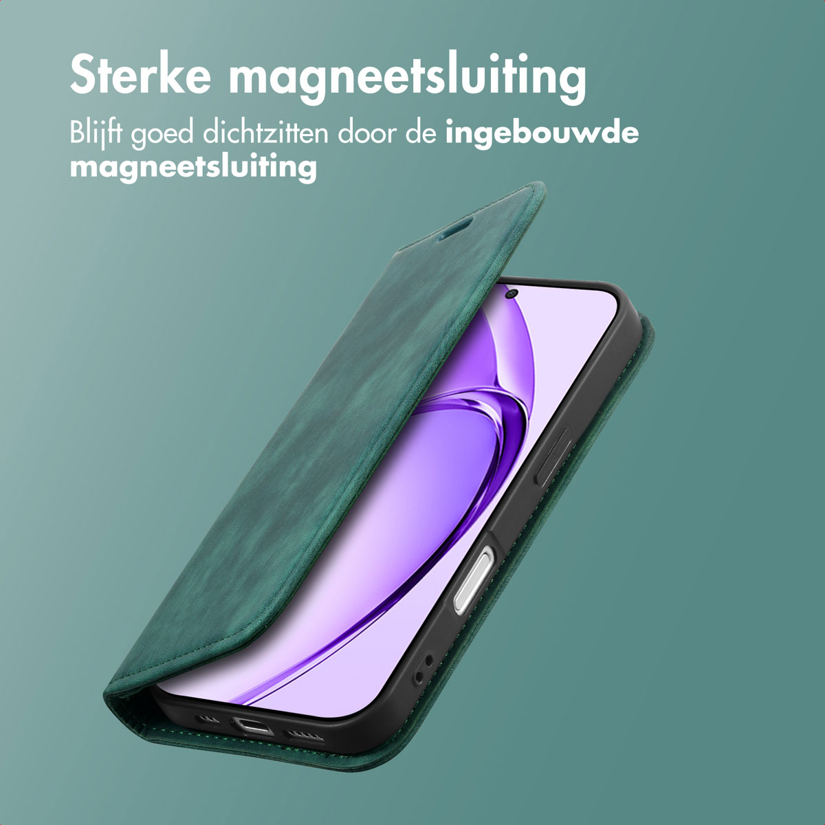 Een groene telefoonhoes met magneetsluiting is open, waardoor een telefoonscherm zichtbaar is. Nederlandse tekst: 'Sterke magneetsluiting'.