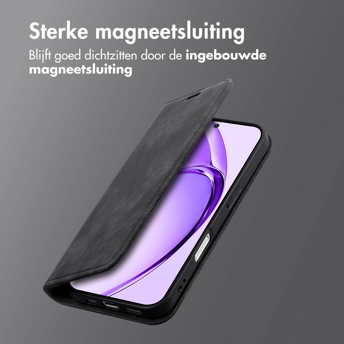 Un téléphone dans un étui noir avec rabat ouvert. L'écran affiche un dégradé violet. Texte en haut.