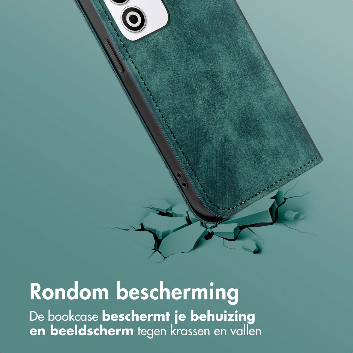 Een groene telefoonhoes met een telefoon valt, de grond heeft scheuren. Tekst: 'Rondom bescherming'.