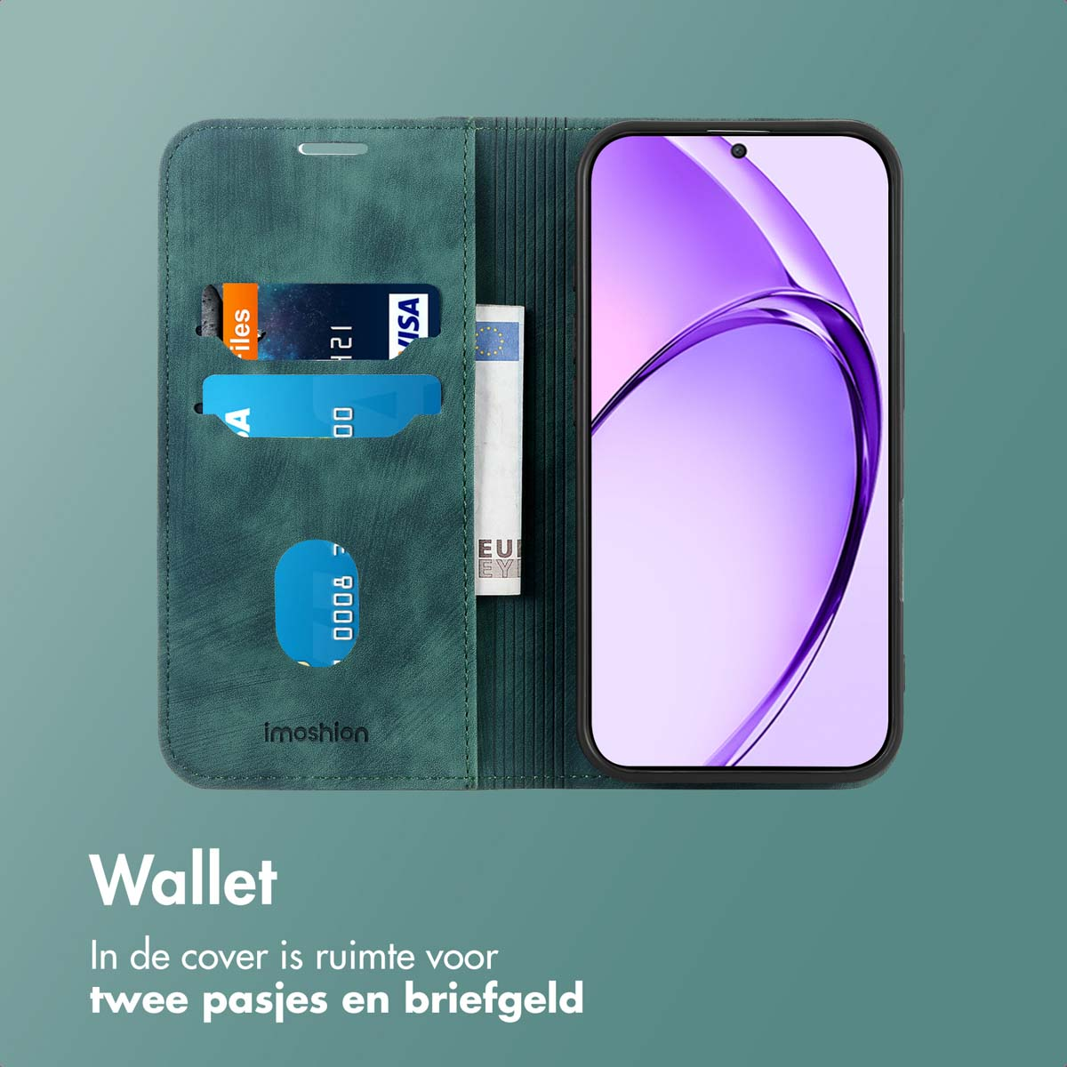 Een teal portemonnee met een telefoon rechts. De portemonnee heeft kaartsleuven en een geldsleuf. Kaarten en geld zijn zichtbaar.