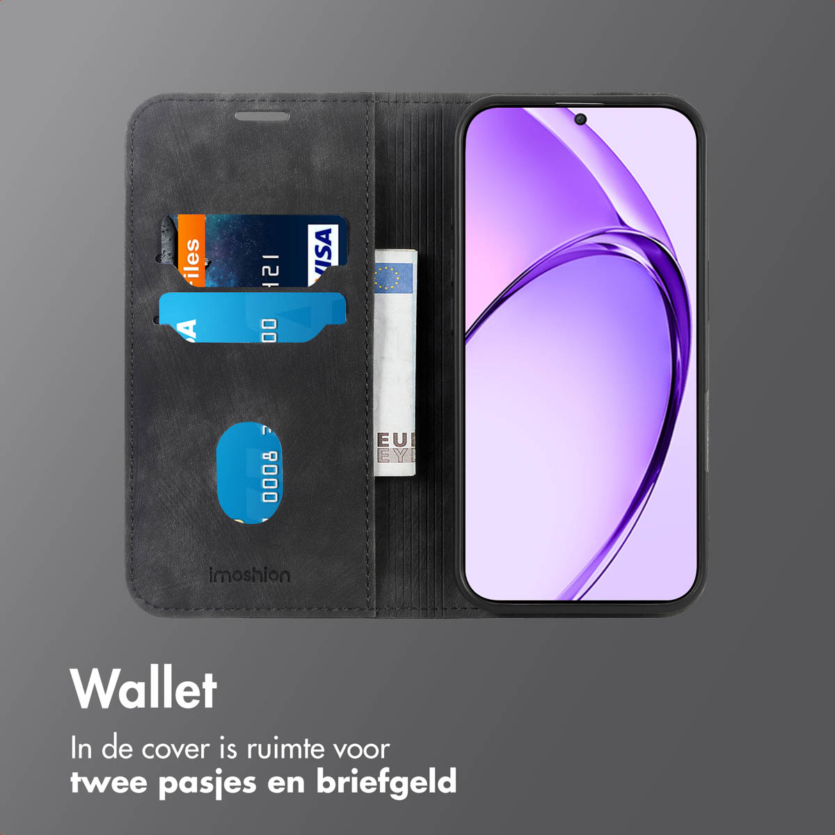 Un portefeuille avec téléphone, cartes de crédit et argent liquide. Il est gris et porte la marque Imoshion.