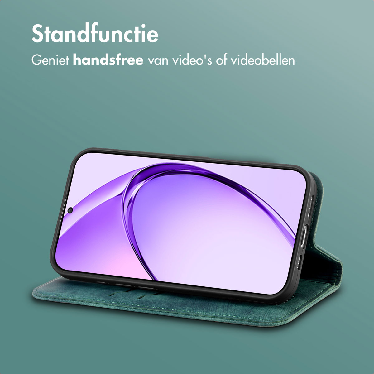 Een smartphone in een groene hoes, opgezet, toont een paars verloop scherm. Tekst bovenaan: 'Standfunctie'.