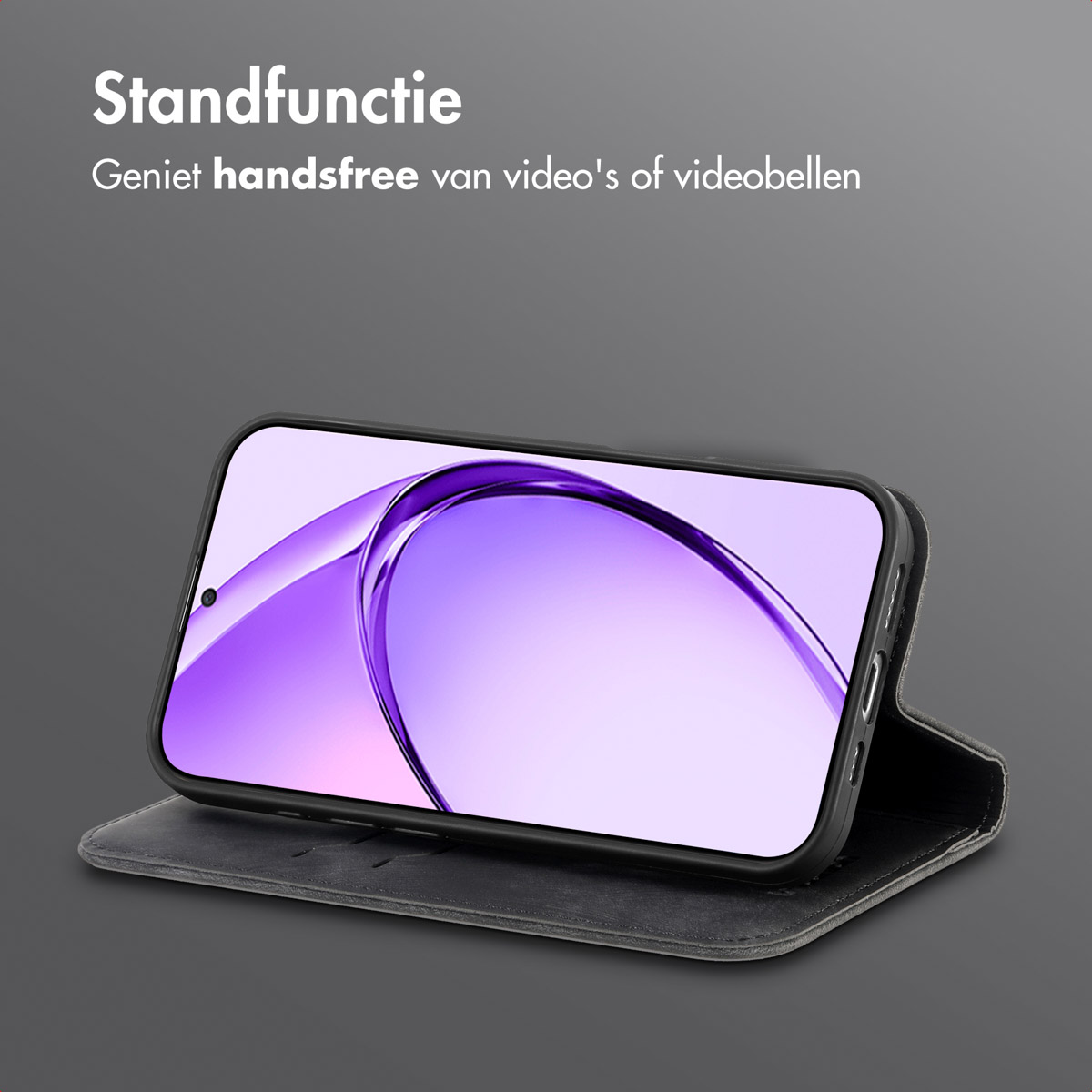 Un smartphone dans un étui noir est affiché. L'écran affiche un dégradé violet. Texte: 'Standfunctie' et 'Geniet handsfree'.