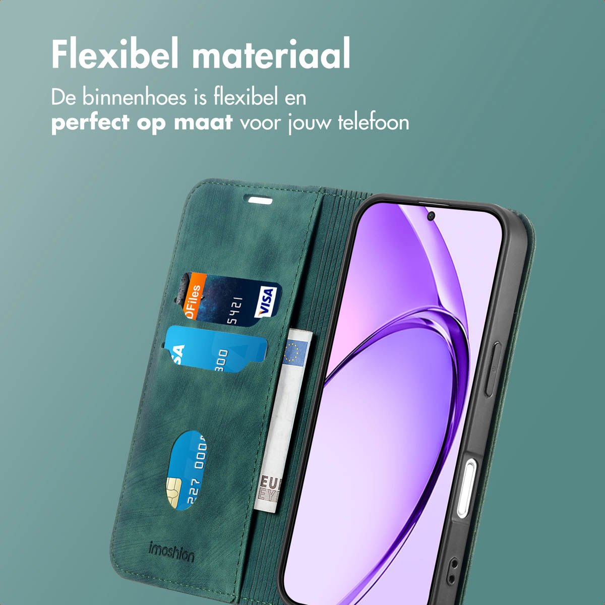 Groene telefoonhoes met kaarten en geld erin, telefoonscherm met een paars ontwerp. Tekst: Flexibel materiaal.