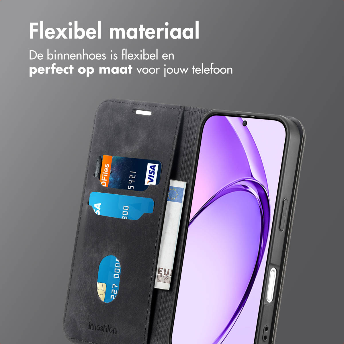 Un étui de téléphone avec cartes de crédit et un billet. L'écran affiche un design violet. L'étui est noir.