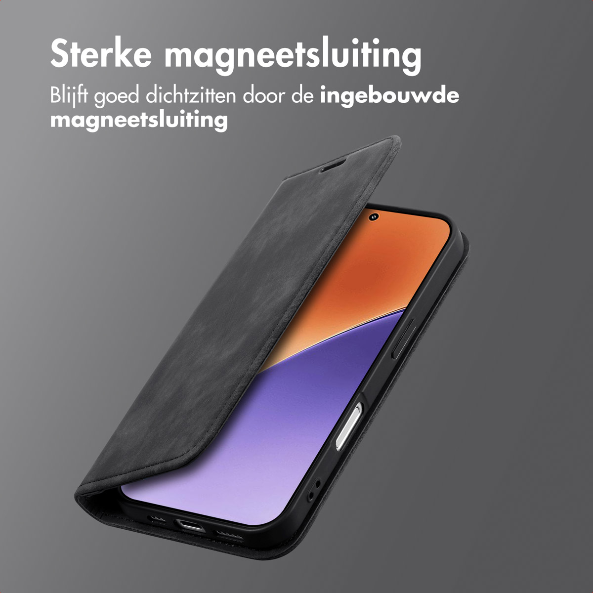 Un téléphone dans un étui noir est légèrement ouvert. L'écran affiche des couleurs orange et violettes. Texte en néerlandais : 'Fermeture magnétique forte'.