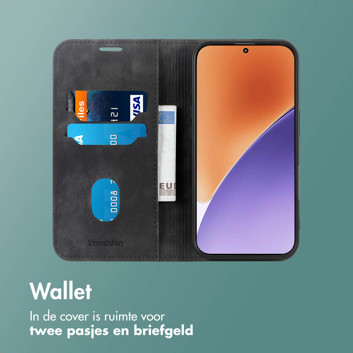 Un portefeuille pour étui de téléphone montrant un téléphone, des cartes de crédit et de l'argent. Il est noir et porte la marque Imoshion.
