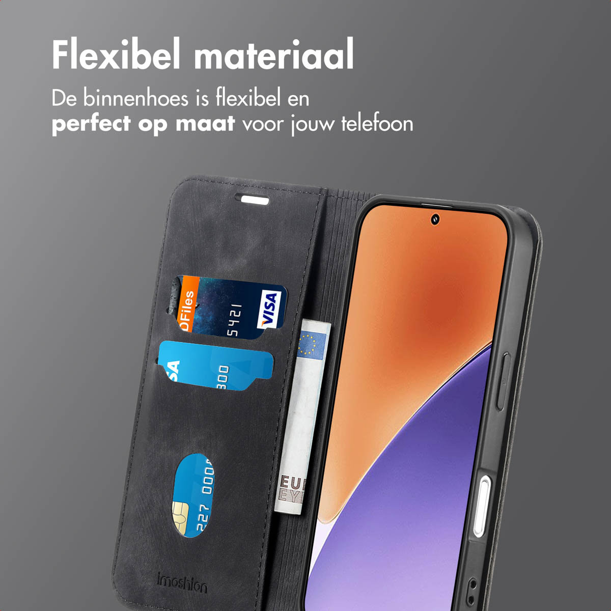 Un étui de téléphone avec cartes et argent à l'intérieur. L'écran du téléphone est visible. Le texte en haut dit 'Matériau flexible'.