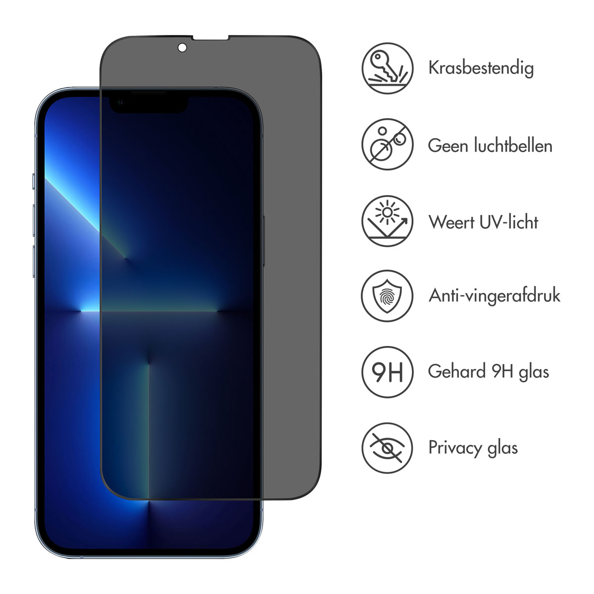 A smartphone with a screen protector. The protector and phone are gray and black. Icons and text on the right describe features.