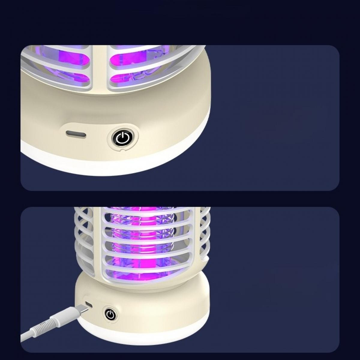 Ein beiger Insektenvernichter mit Ein-/Ausschalter und Ladeanschluss. Violettes Licht ist sichtbar. Ein Ladekabel ist eingesteckt.
