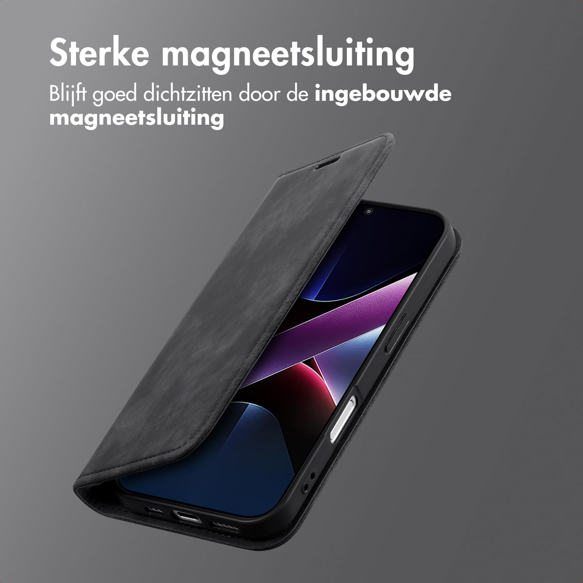 Een telefoon in een zwarte hoes met de klep open. De tekst 'Sterke magneetsluiting' staat bovenaan de afbeelding.