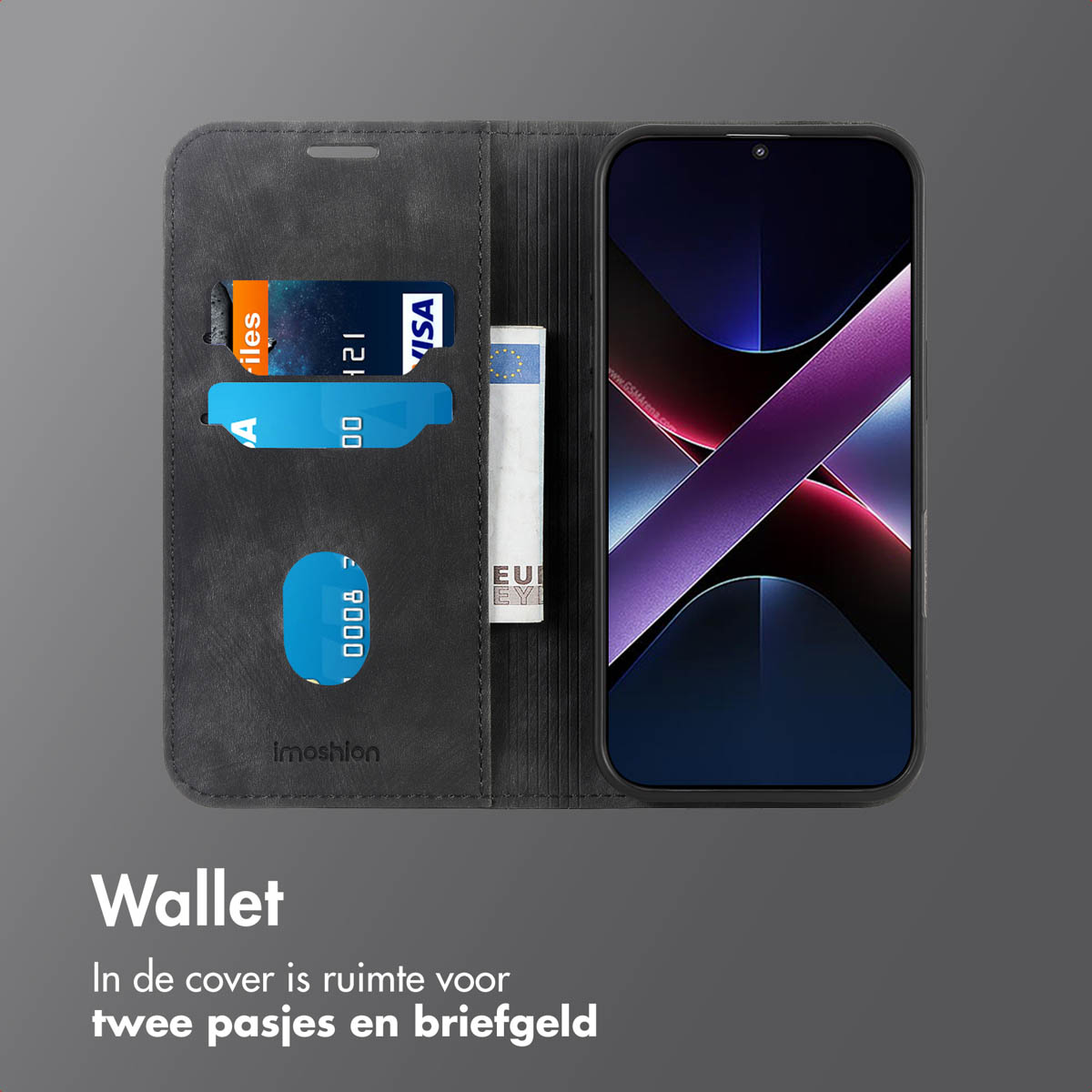 Een telefoonhoes-portemonnee met een telefoon, creditcards en contant geld. Het heeft een donkergrijze kleur.