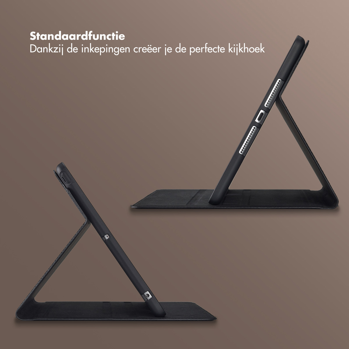 Two black tablet cases are displayed. One is propped up, the other is flat. They are on a brown background.