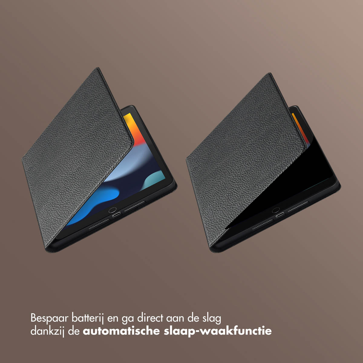 Two black tablet cases, partially open, revealing the screens. The background is a gradient brown.