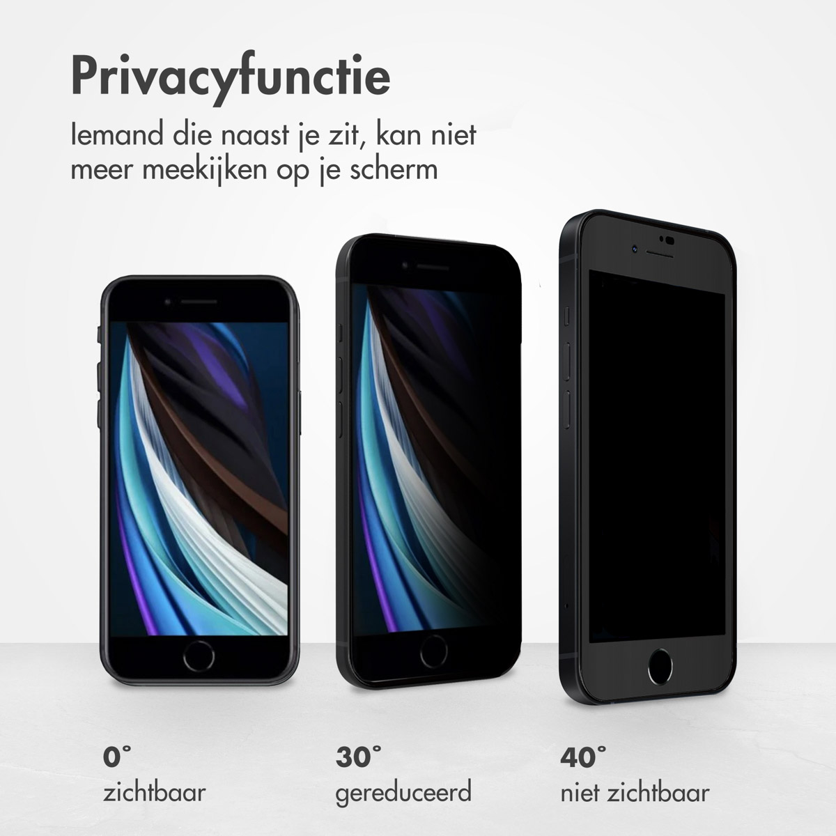 Three smartphones show a privacy function. The screens darken with increasing angles, illustrating the privacy feature.
