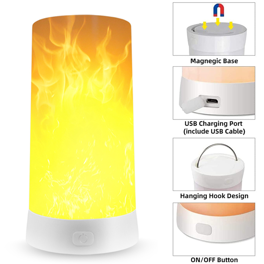 Eine weiße Lampe mit flammenartigem Licht. Details zeigen Magnetfuß, USB-Ladeanschluss, Aufhängehaken und Ein-/Aus-Taste.
