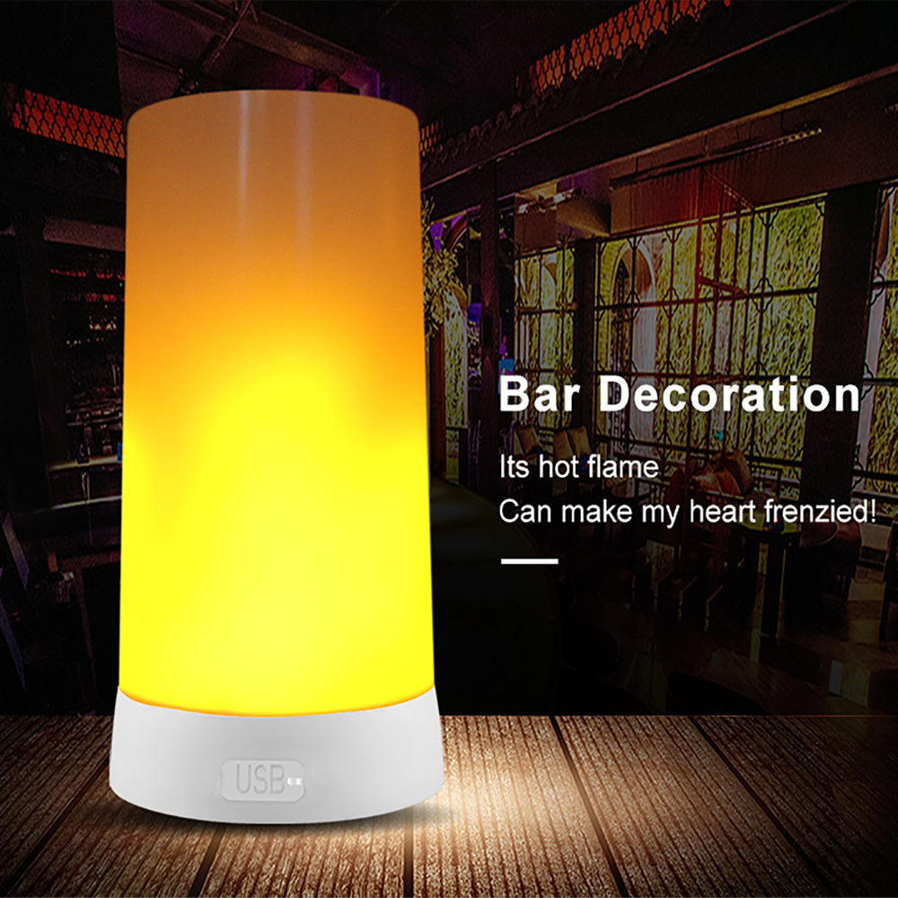 Eine leuchtende, flammenförmige Lampe mit weißem Sockel auf einer Holzoberfläche. Text sagt 'Bar Decoration' und 'Its hot flame'.