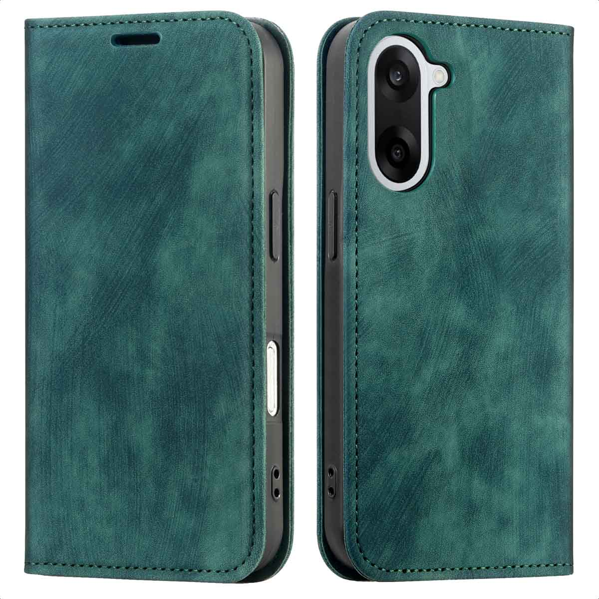 Custodia per telefono in pelle verde in due pezzi, lato sinistro chiuso, lato destro aperto, con fotocamera e interno del telefono.