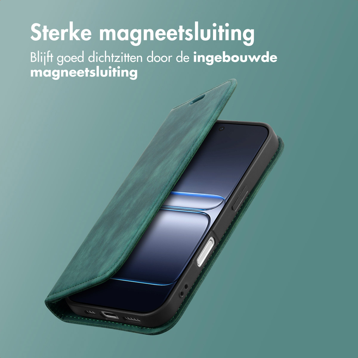 Una custodia verde parzialmente aperta, rivela lo schermo di uno smartphone. Testo in alto: 'Forte chiusura magnetica'.