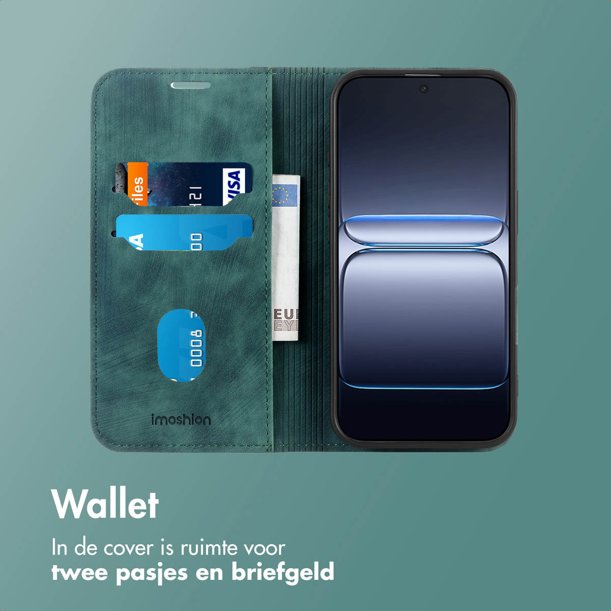 Portafoglio verde aperto, con telefono, carte di credito e contanti. Testo: Portafoglio. Spazio per due carte e denaro.