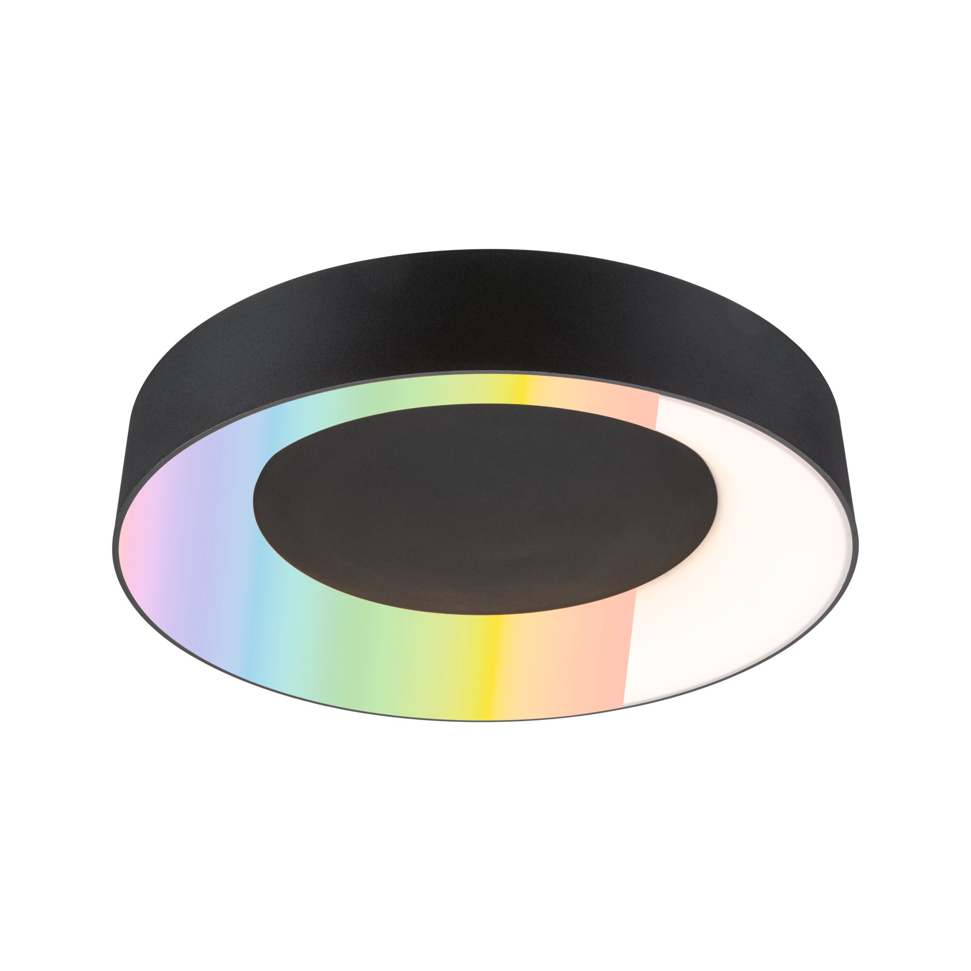 Okrągła, czarna lampa sufitowa z kolorową tęczową poświatą wokół wewnętrznej krawędzi.