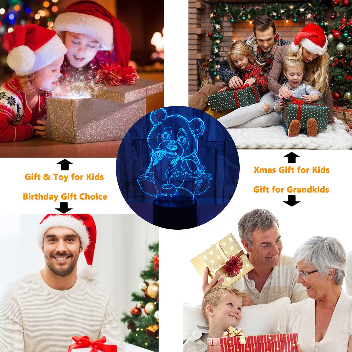 Das Bild zeigt Geschenkideen. Kinder öffnen eine Geschenkbox, Familie mit Geschenken, Mann mit Weihnachtsmütze, Großeltern mit Geschenk.
