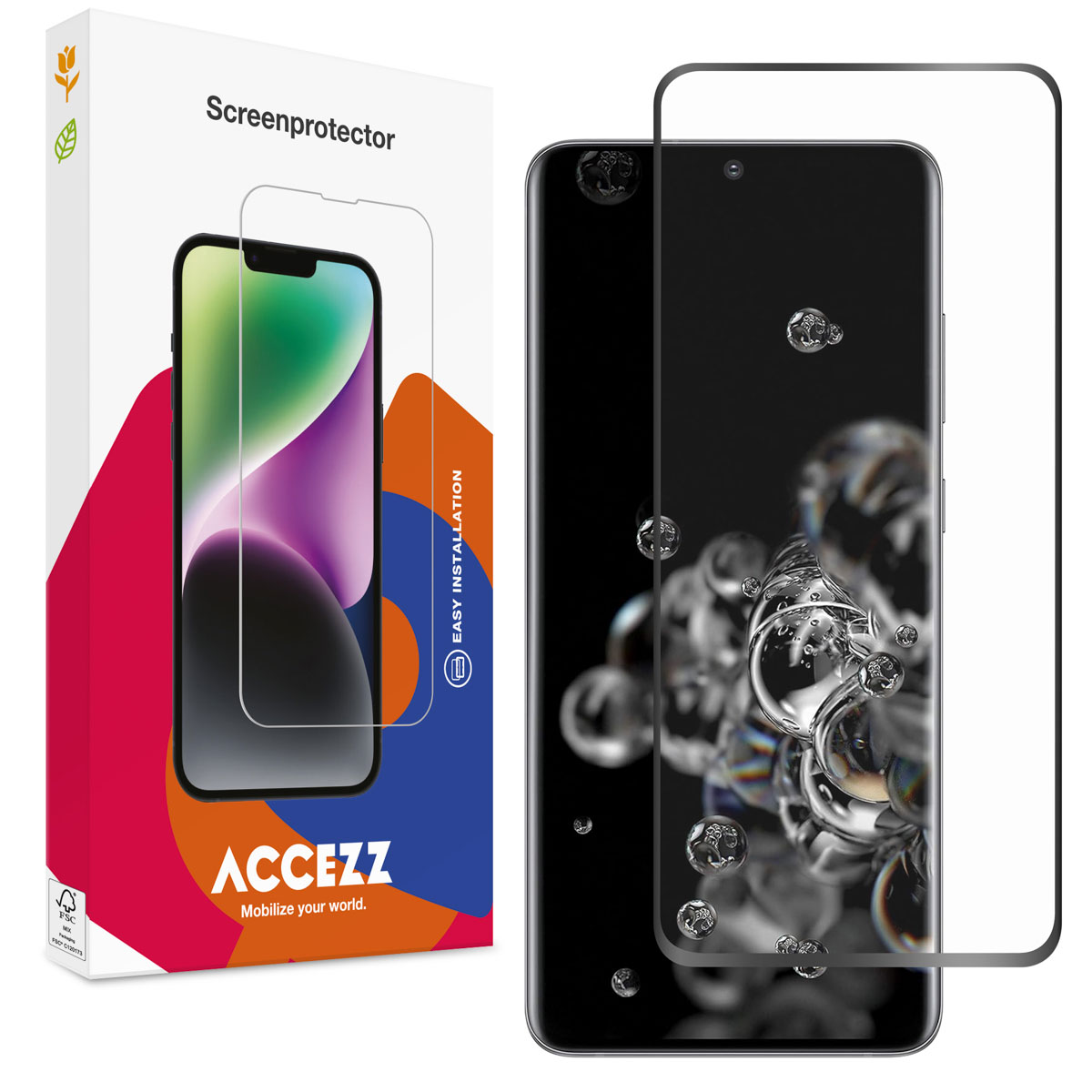 Een telefoon en een schermbeschermer worden weergegeven. De beschermdoos staat links en de telefoon met de beschermer rechts.