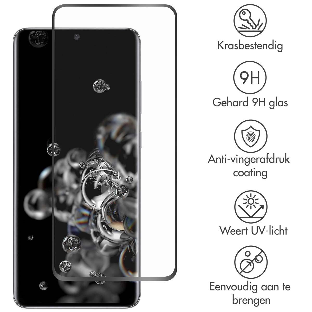 Een schermbeschermer met een telefoon links en pictogrammen rechts over krasbestendigheid, glas en UV-bescherming.