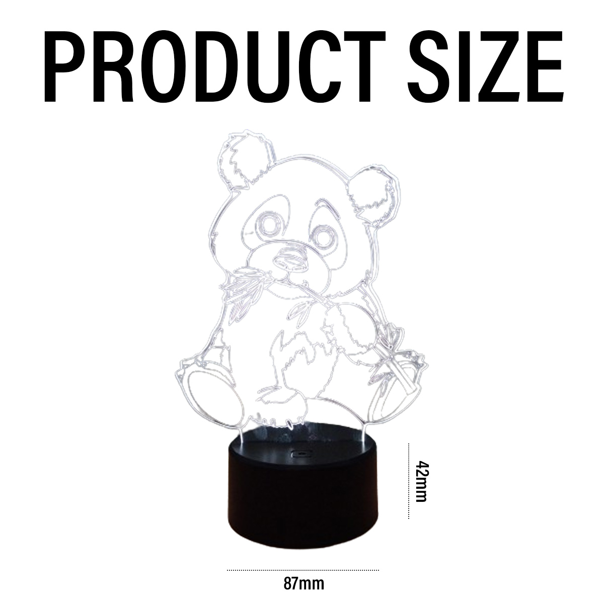 Eine pandaförmige LED-Lampe mit den Maßen: 87 mm Breite, 42 mm Höhe. Der Text 'PRODUCT SIZE' steht oben.