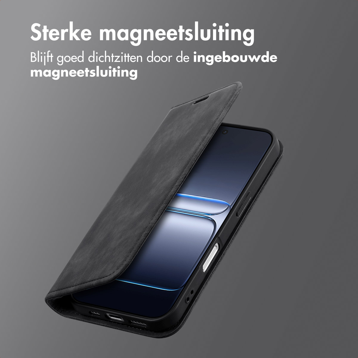 Una custodia nera per telefono è aperta, mostrando lo schermo. Il testo in alto dice: 'Forte chiusura magnetica'.