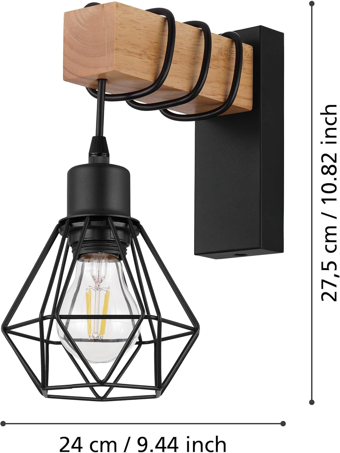 Moderne Wandlampe mit Holzsockel, schwarzem Metallkäfig und sichtbarer Glühbirne. Abmessungen in cm und Zoll angegeben.