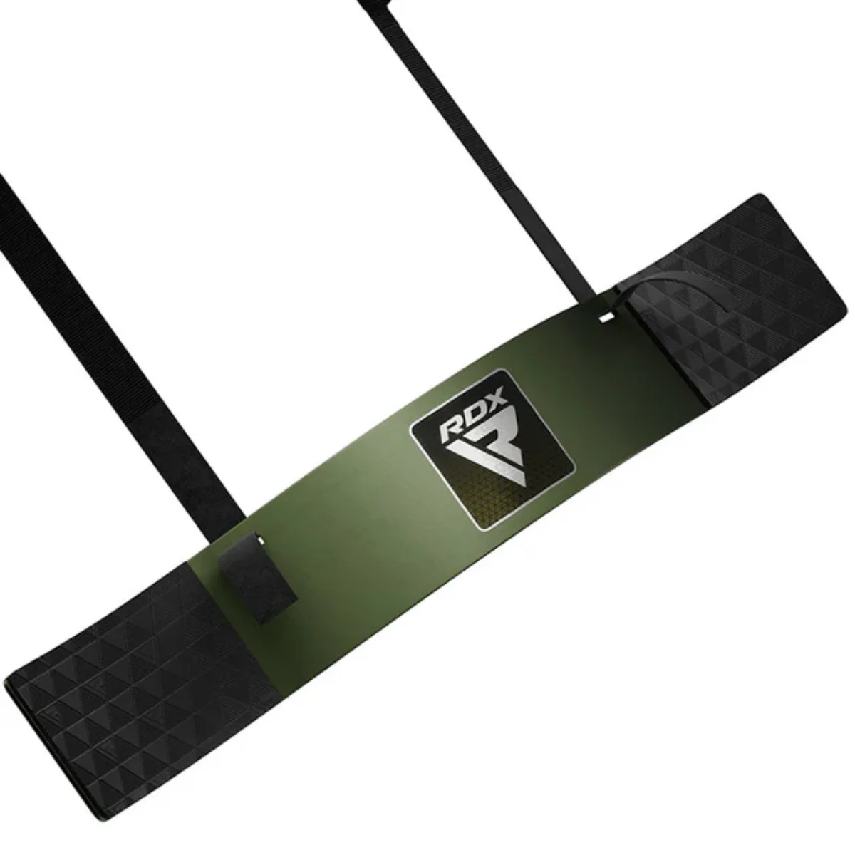 Een olijfgroene RDX gewichthefstang met zwarte banden en getextureerde uiteinden. Het logo staat in het midden.