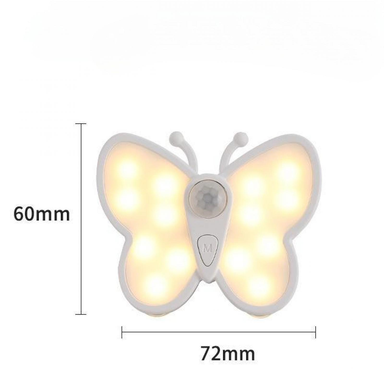 Weißes, schmetterlingsförmiges LED-Nachtlicht mit Bewegungssensor. Abmessungen: 60 mm x 72 mm.