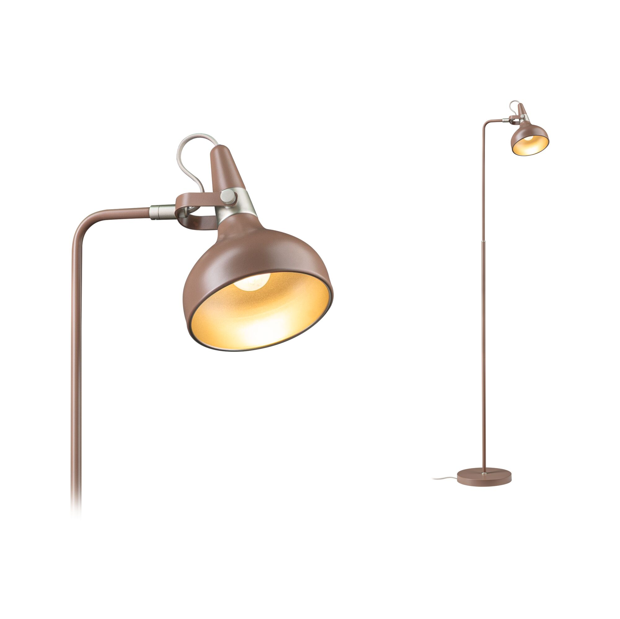 Zwei braune Stehlampen vor weißem Hintergrund. Eine Lampe ist gebogen. Beide Lampen sind beleuchtet.