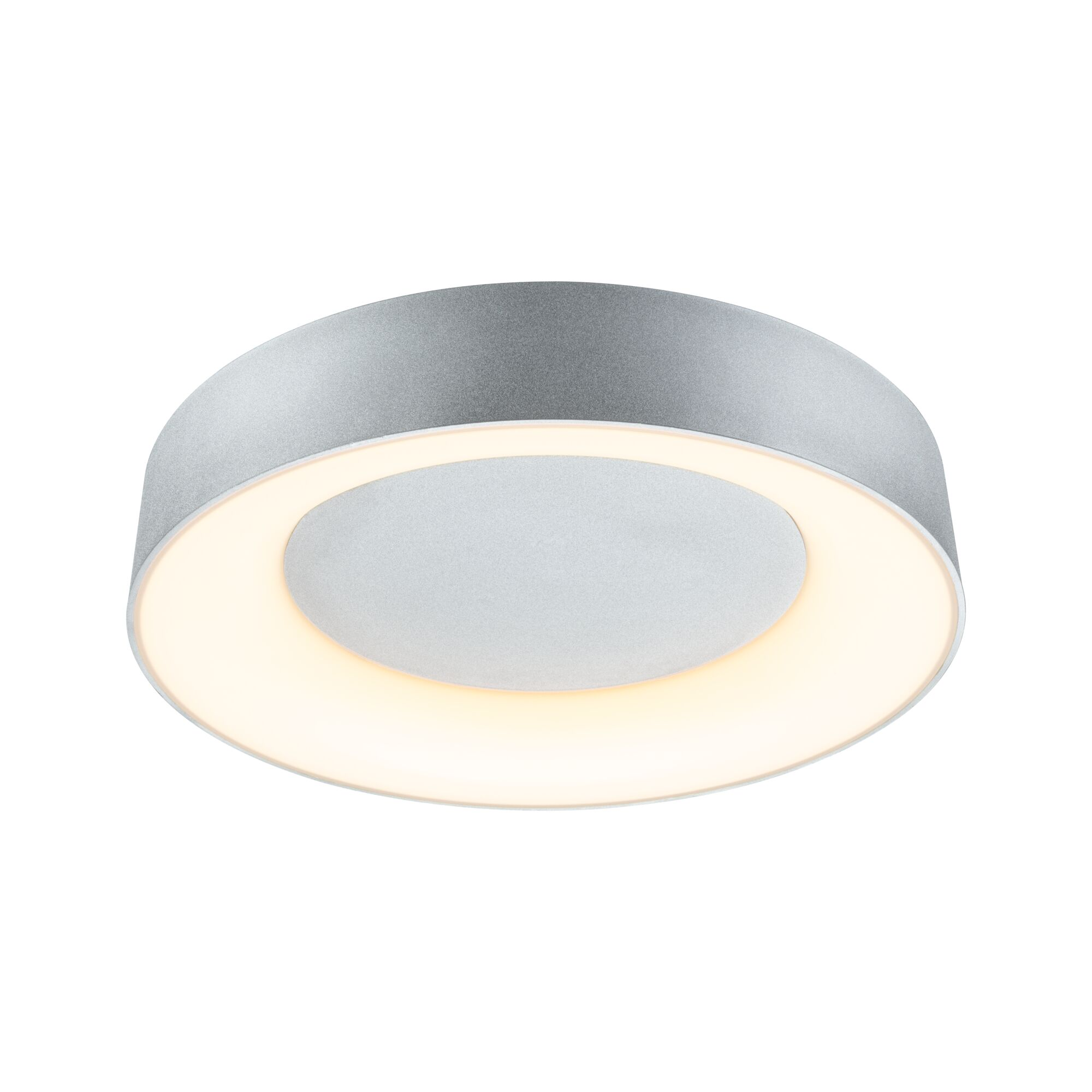 Eine runde, silberne Deckenleuchte mit einer leuchtenden, kreisförmigen Lichtquelle in der Mitte.
