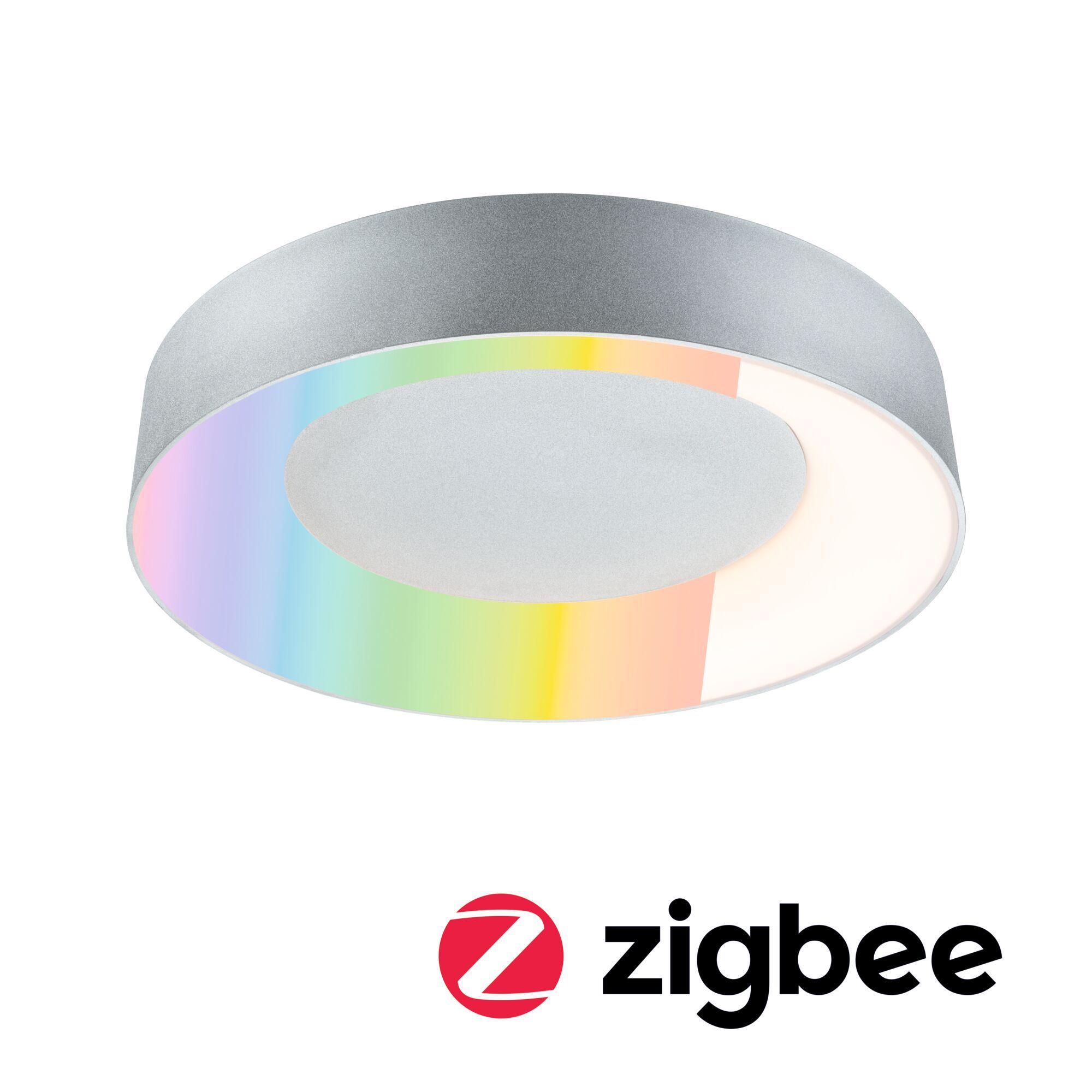 Un plafonnier rond avec un anneau aux couleurs de l'arc-en-ciel et un corps argenté. Le logo Zigbee est en bas.