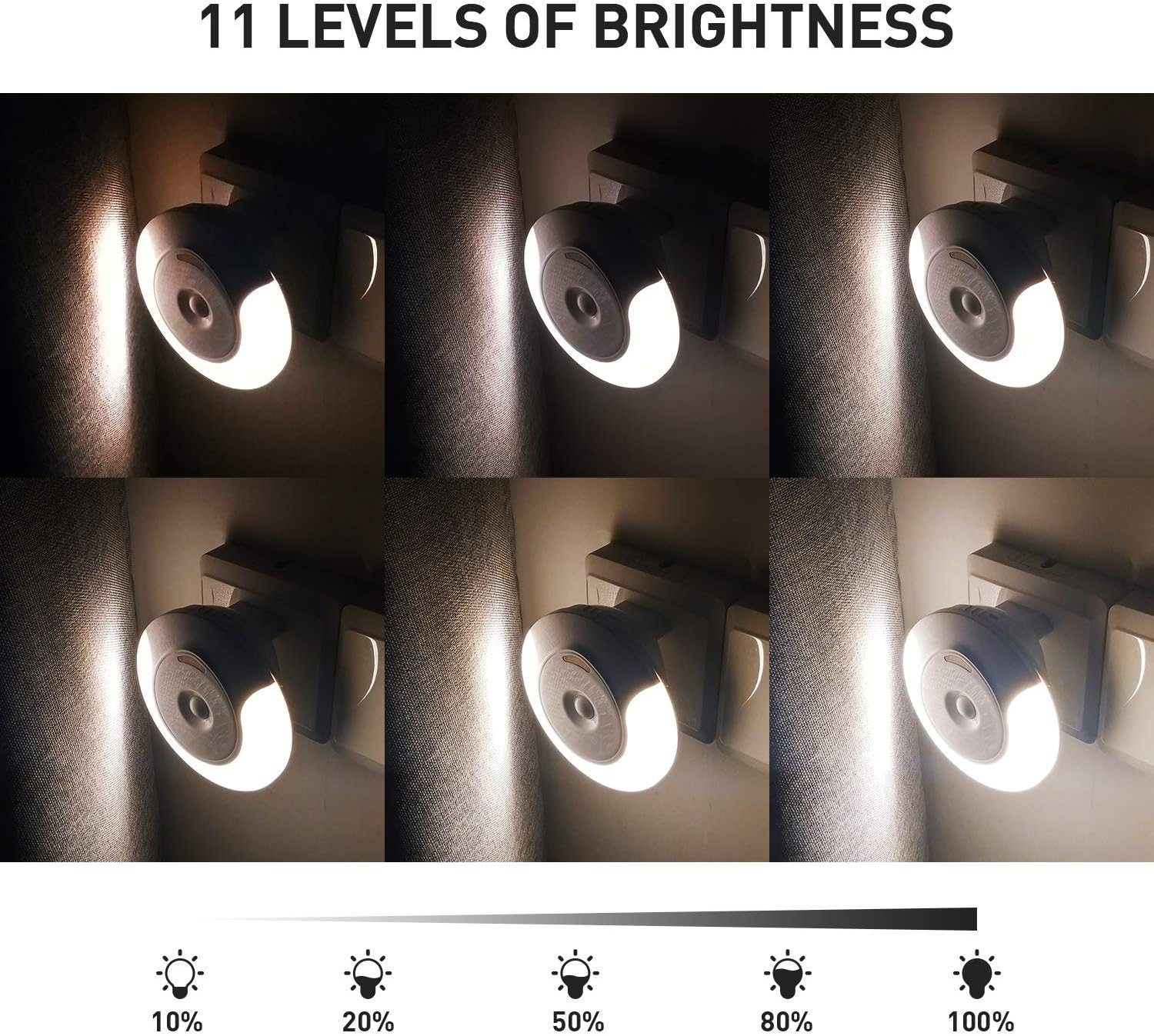 Das Bild zeigt 6 Lampen mit unterschiedlichen Helligkeitsstufen von 10 % bis 100 %. Jede Lampe ist mit einem Vorhanghintergrund an der Wand befestigt.