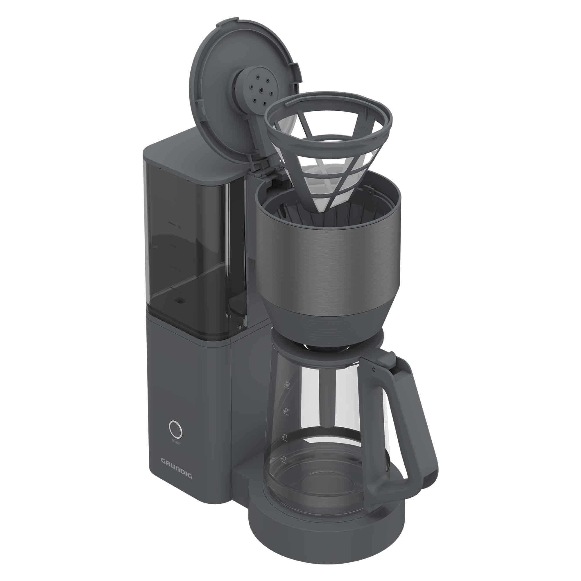 Gri Grundig kahve makinesi. Kapak açıktır. Altında bir cam sürahi bulunmaktadır.