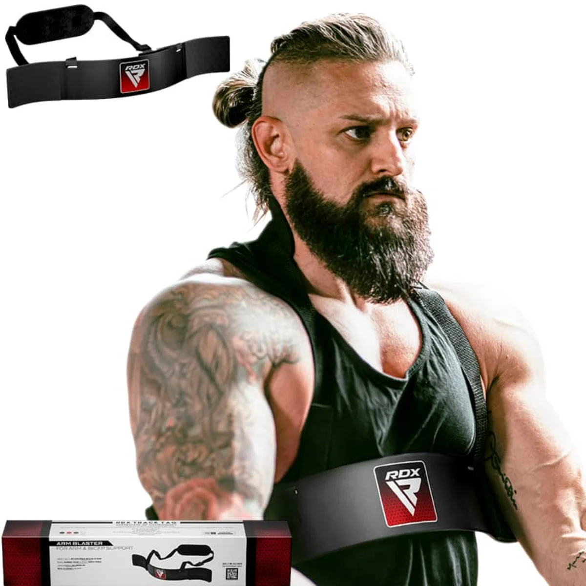 A muscular man with a beard wearing an arm blaster. A product box is at the bottom. An arm blaster is above the man's head.