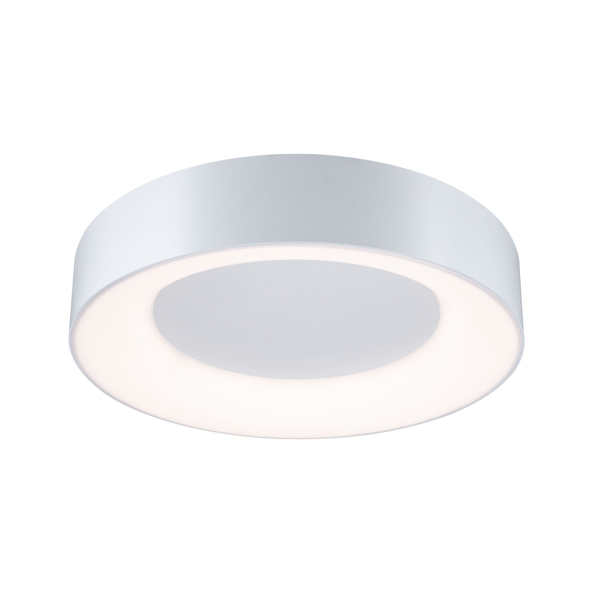 Un plafonnier blanc et circulaire avec un anneau lumineux et un fond blanc.