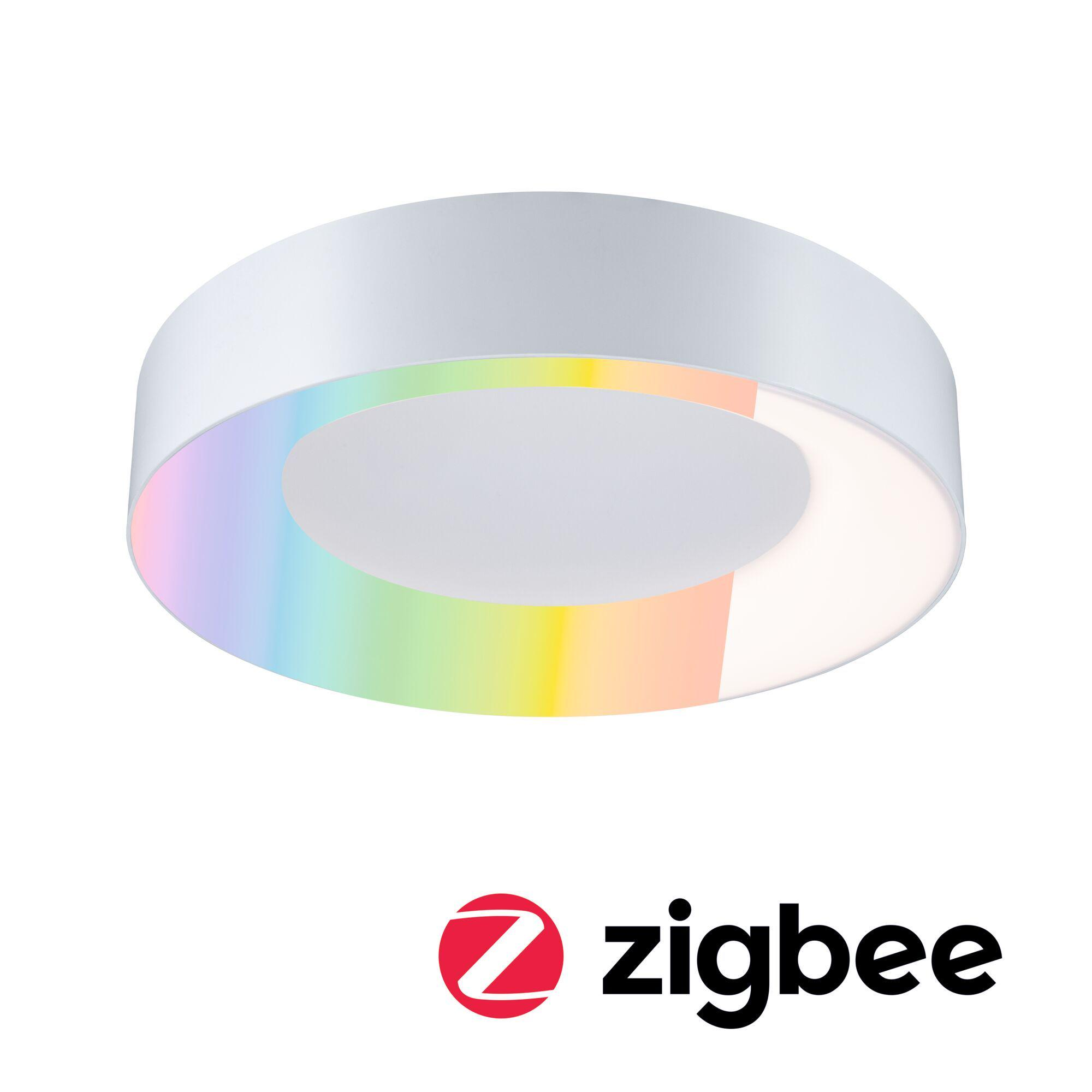 Une lampe intelligente Zigbee blanche et circulaire. La lumière a un anneau intérieur coloré et un anneau extérieur blanc.