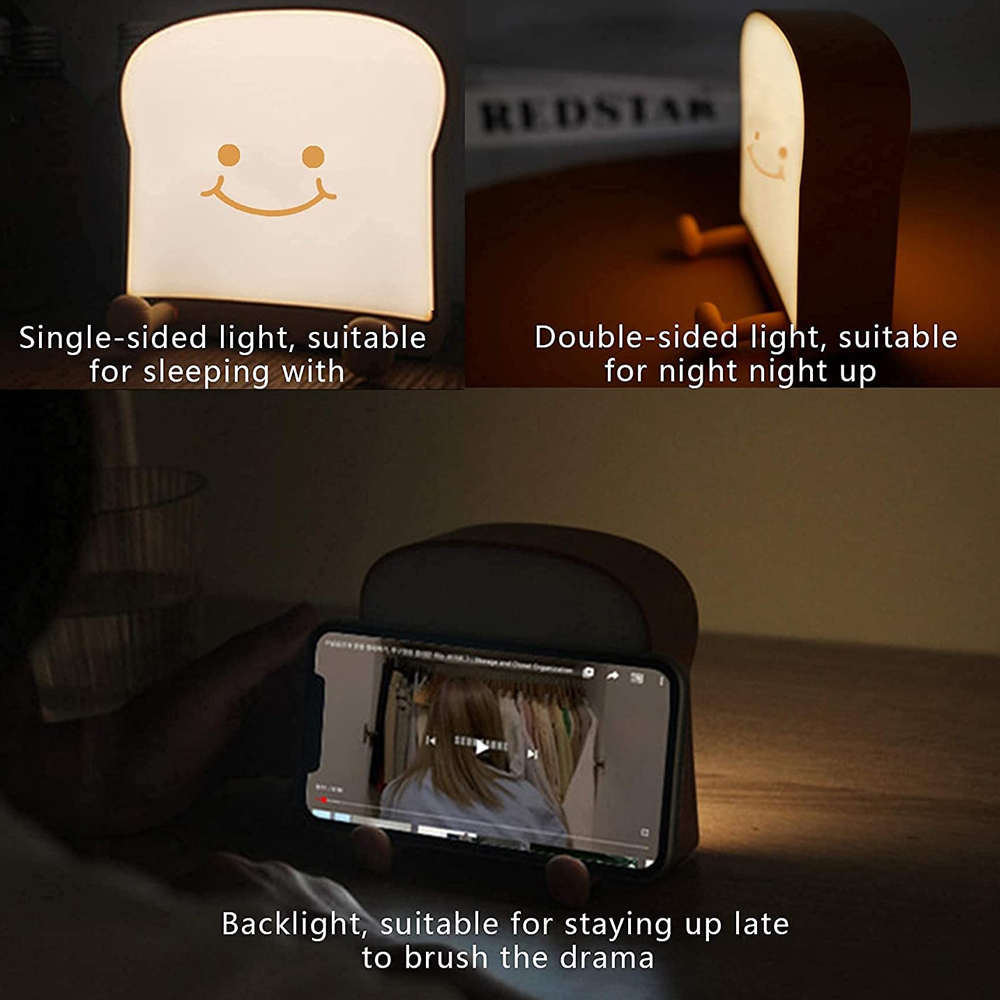 Ein brotförmiges Nachtlicht. Das Bild zeigt das Licht in verschiedenen Modi, mit einem Telefon, das ein Video anzeigt.