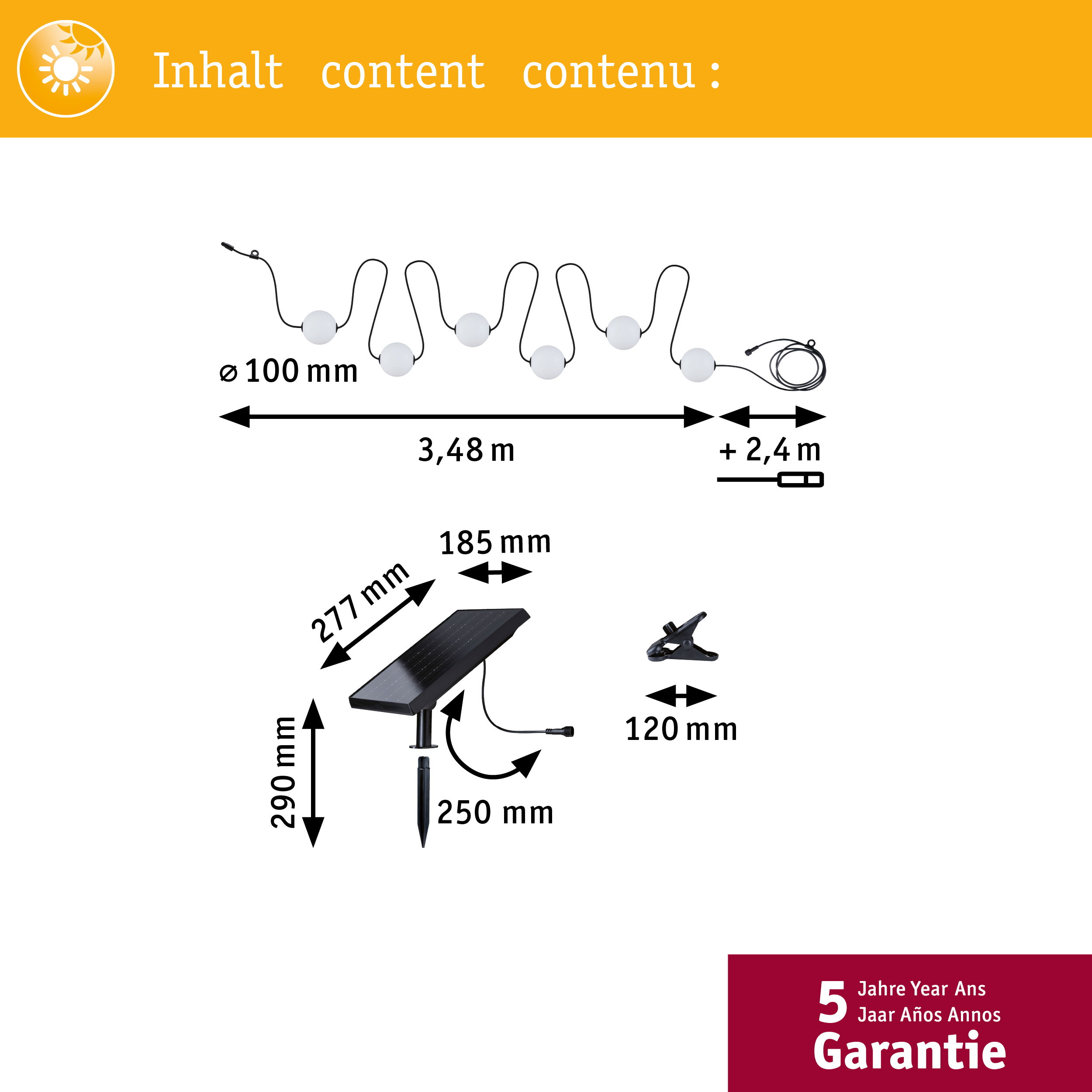 Schemat lamp solarnych z wymiarami. Zawiera panel słoneczny, światła i informację o gwarancji. Białe tło.