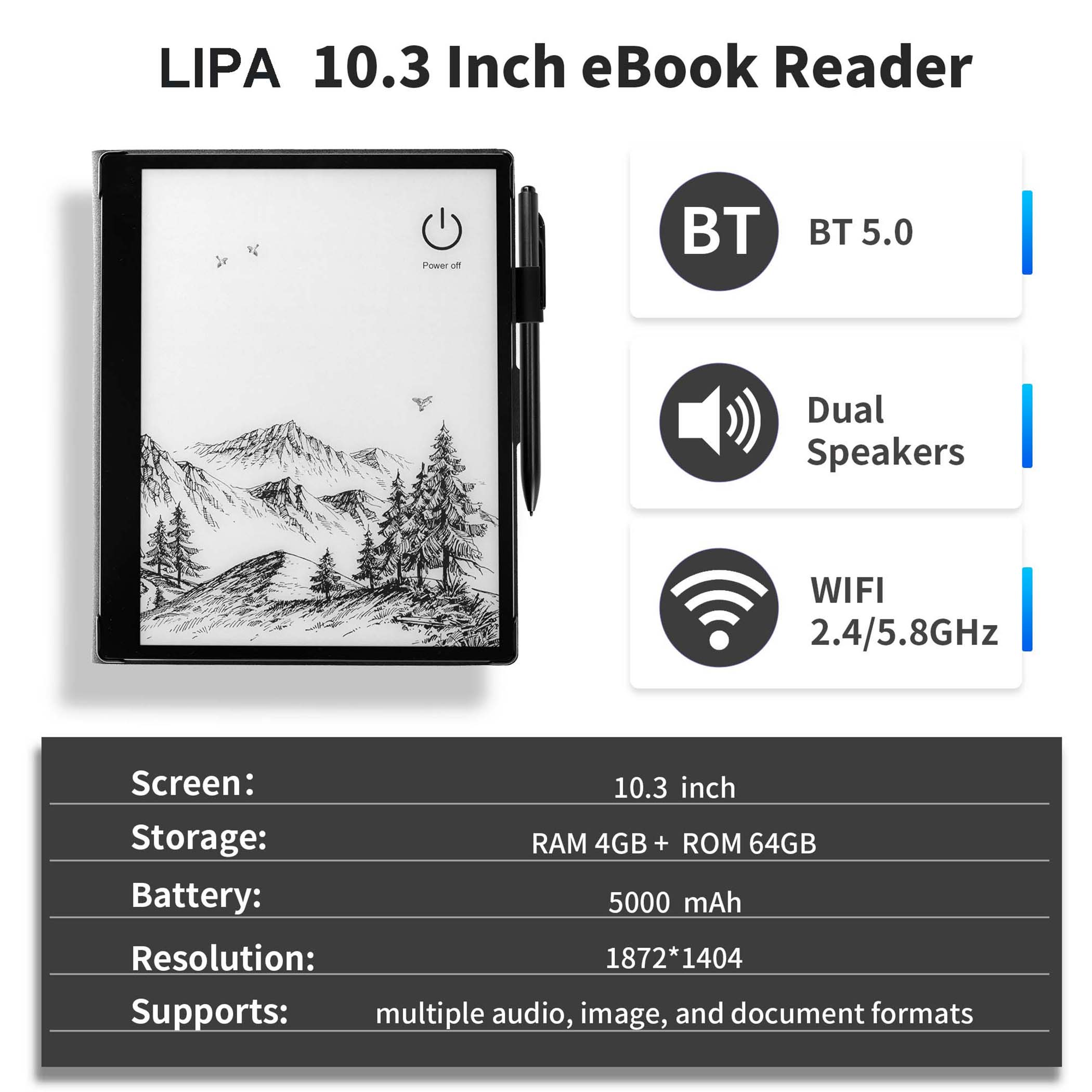 Czytnik e-booków z widokiem gór, ikonami BT, Dual Speakers i Wi-Fi. Specyfikacje: ekran 10,3 cala, 4 GB RAM, 64 GB ROM i bateria 5000 mAh.