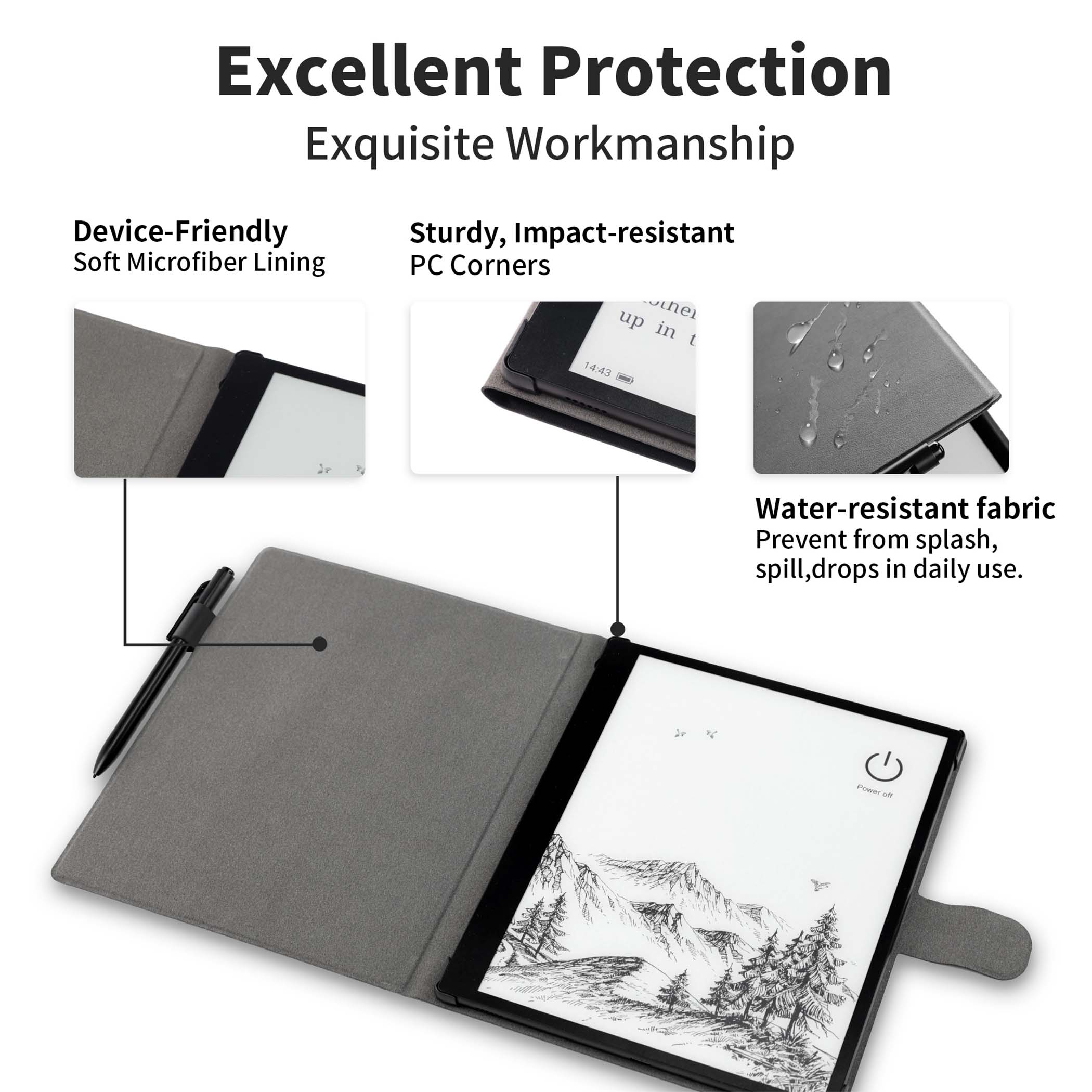 Etui na czytnik e-booków z miękką szarą wyściółką, czarnym pisakiem i tekstem o ochronie i funkcjach. Ekran pokazuje krajobraz górski.