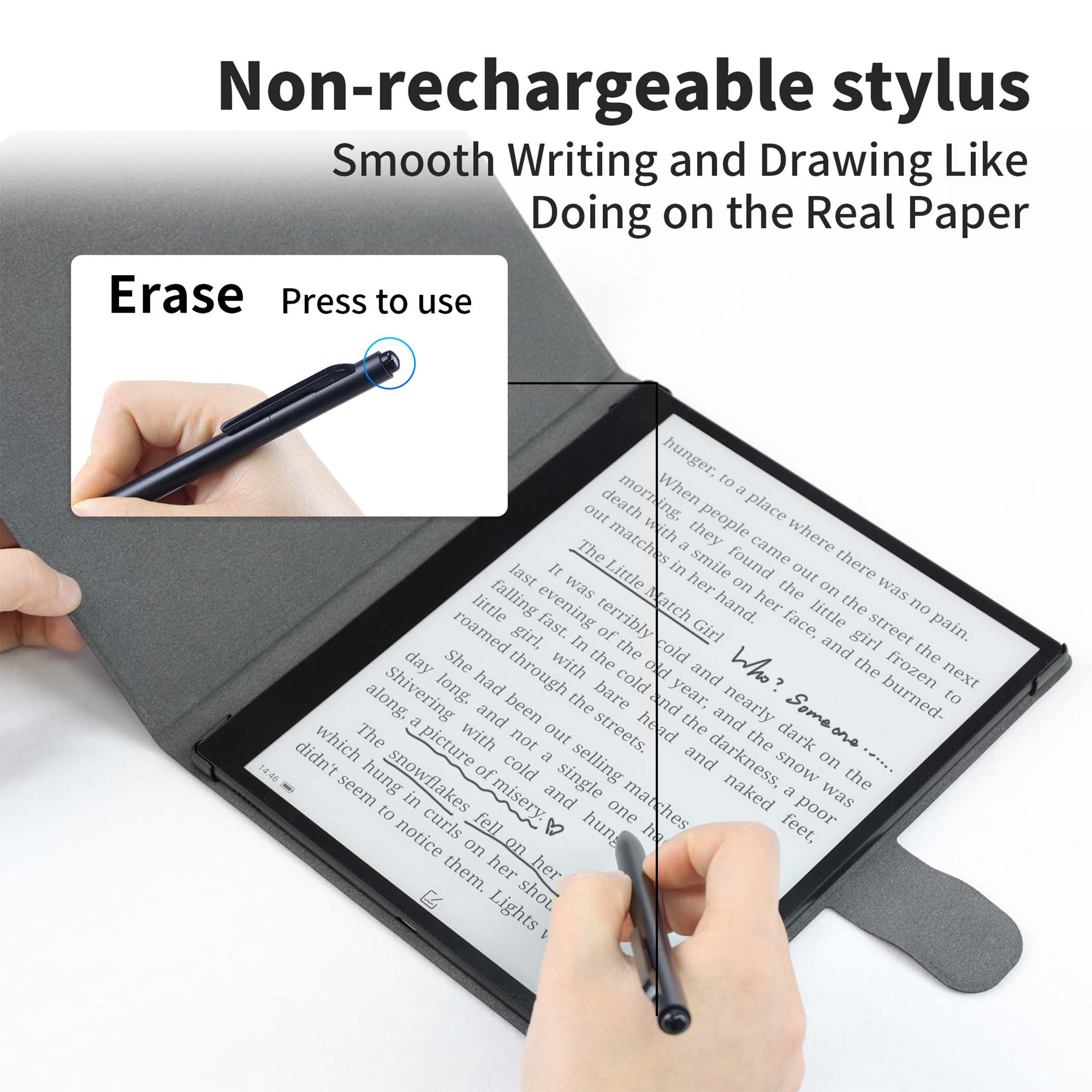 Piórko na tablecie wyświetla tekst. Pióro jest trzymane przez dłoń. Tekst mówi: Nieladowalny rysik.