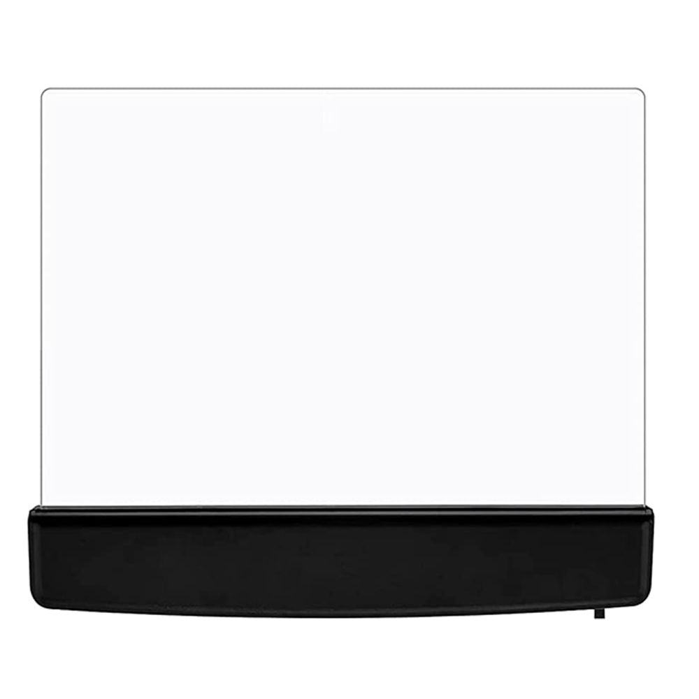 Eine rechteckige LED-Leselampe. Sie hat einen schwarzen Sockel und eine transparente, beleuchtete Platte, ideal zum Lesen im Dunkeln.