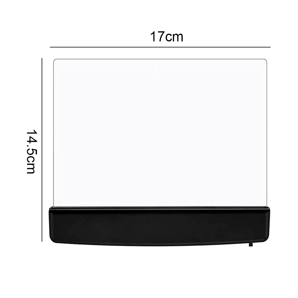Ein rechteckiges LED-Lesepaneel. Es hat einen schwarzen Sockel und einen transparenten Bildschirm mit den Maßen 17cm x 14,5cm.