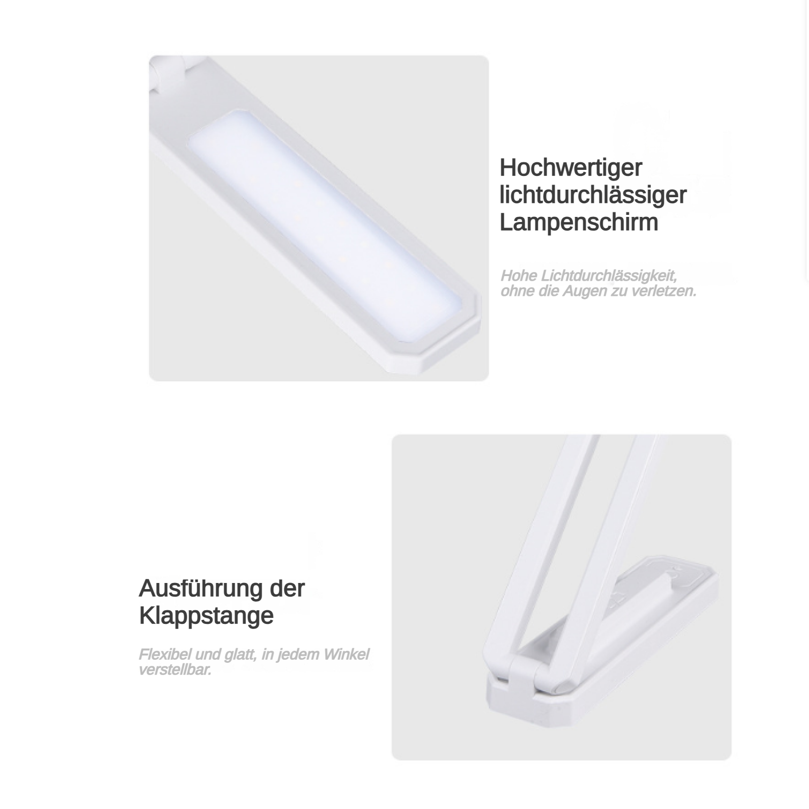 Eine weiße Schreibtischlampe mit rechteckigem Licht und einem klappbaren Ständer wird gezeigt. Text auf Deutsch beschreibt die Merkmale.