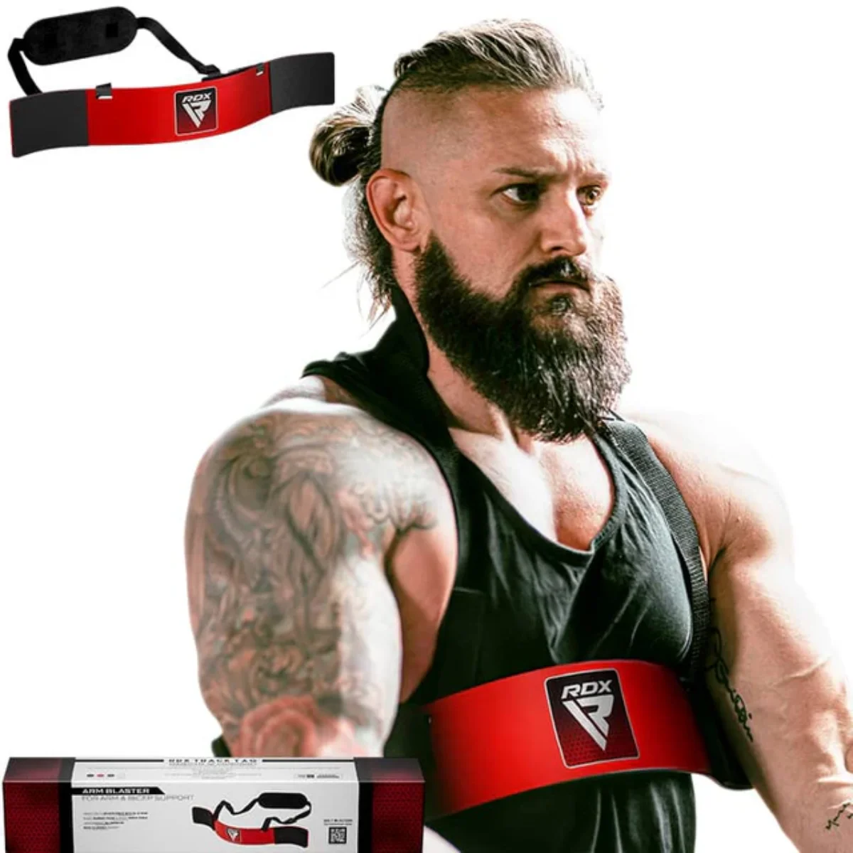 A muscular man wears a black tank top and a red arm blaster. A product box and an arm blaster are also displayed.